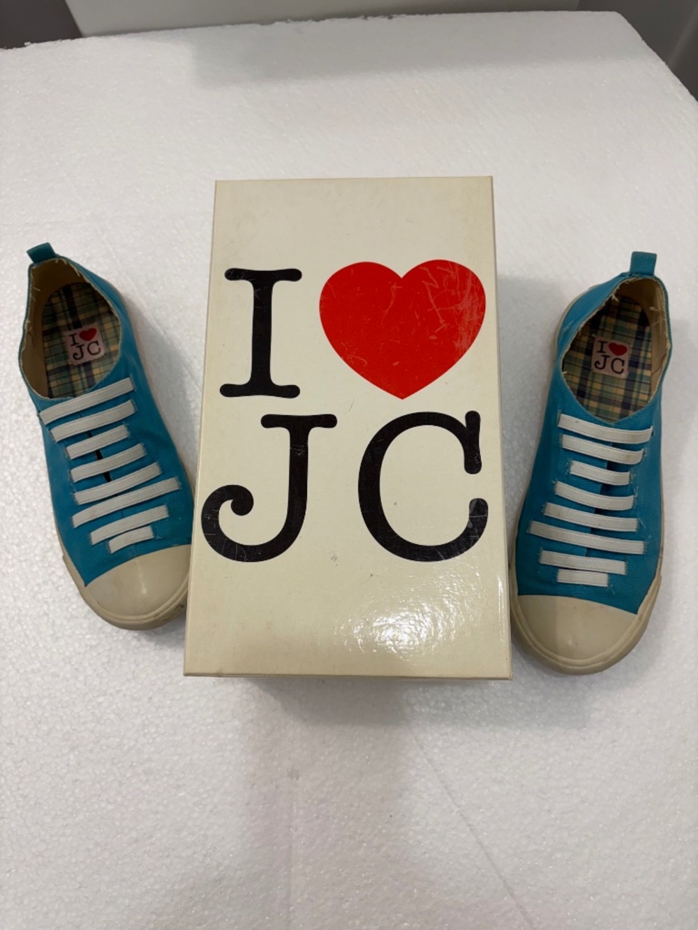 Vintage "I Love JC" Turquoise Canvas Slip-On Sneakers with White Faux Laces; 8